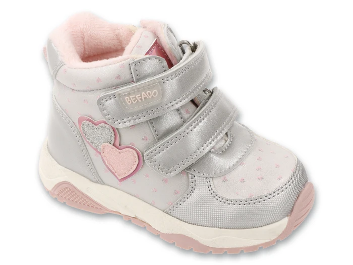 Buty jesienne dziewczęce Befado ICE HEART srebrno-różowe z serduszkami