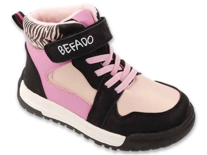 Jesienne buty dziewczęce Animal Befado – różowo-czarny model za kostkę z motywem zebry