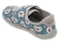 Niebieskie kapcie dziewczęce Befado Barefoot Softer z misiami koala, szarą lamówką i wzmocnionym zapiętkiem z logo Befado.