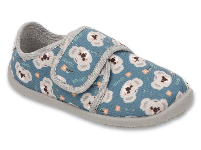 Dziewczęce kapcie do przedszkola Befado Barefoot Softer z nadrukiem białych misiów koala i kwiatków, szerokim rzepem i szarą podeszwą.